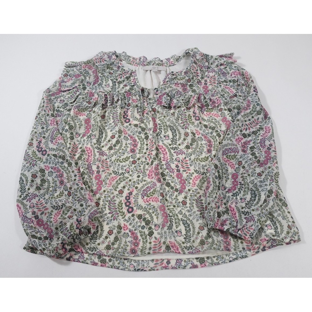 LOFT Blouse Womens L White Floral Ruffle Neck Long Sleeve Chiffon Lined Top